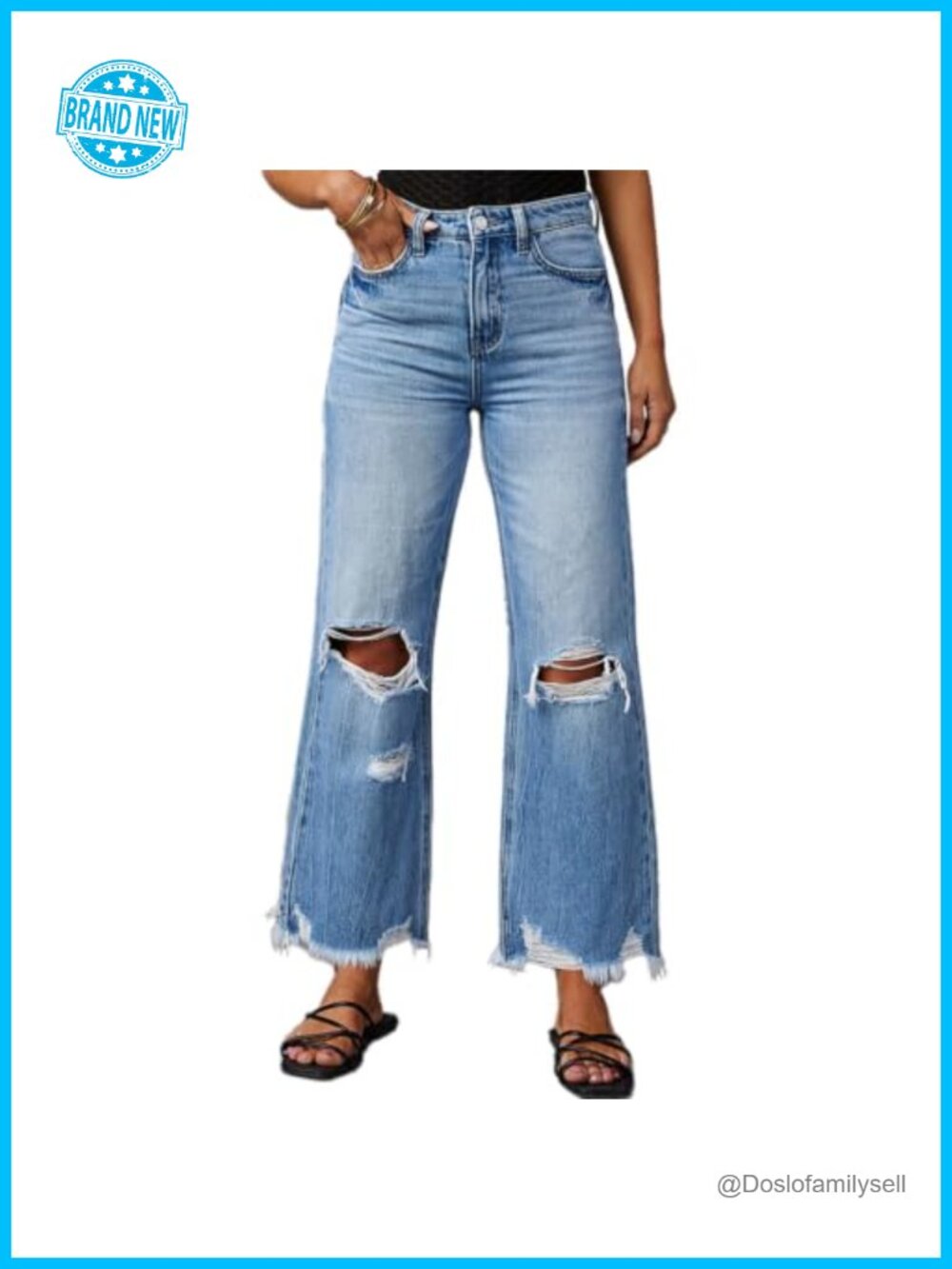 Women's Ripped Bell Bottom Jeans High-Rise Distressed Raw Edge Hem Boyfriend